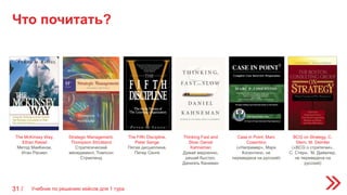 Учебник по решению кейсов для 1 тура31 /
Что почитать?
The McKinsey Way,
Ethan Rasiel
Метод МакКинзи,
Итан Расиел
Strategic Management,
Thompson Strickland
Стратегический
менеджмент, Томпсон
Стрикленд
The Fifth Discipline,
Peter Senge
Пятая дисциплина,
Петер Сенге
Thinking Fast and
Slow, Daniel
Kahneman
Думай медленно,
решай быстро,
Даниэль Канеман
Case in Point, Marc
Cosentino
(«Например», Марк
Косентино, не
переведена на русский)
BCG on Strategy, C.
Stern, M. Deimler
(«BCG о стратегии»,
С. Стерн, М. Даймлер,
не переведена на
русский)
 