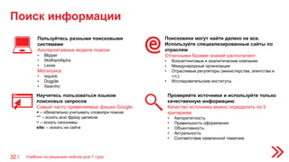 Поиск информации
32 /
Пользуйтесь разными поисковыми
системами
Альтернативные модели поиска:
• Blipper
• WolframAlpha
• Lexxe
Метапоиск:
• Ixquick
• Dogpile
• Searcho
Научитесь пользоваться языком
поисковых запросов
Самый часто применяемые фишки Google:
+ – обязательно учитывать словопри поиске
“” – искать всю фразу целиком
~ – искать синонимы
site: – искать на сайте
Поисковики могут найти далеко не все.
Используйте специализированные сайты по
отраслям
Отличными базами знаний располагают:
• Консалтинговые и аналитические компании
• Международные организации
• Отраслевые регуляторы (министерства, агентства и
т.п.)
• Исследовательские институты
Проверяйте источники и используйте только
качественную информацию
Качество источника можно определить по 5
критериям:
• Авторитетность
• Правильность оформления
• Объективность
• Актуальность
• Соответствие заявленной тематике
Учебник по решению кейсов для 1 тура
 