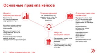 Основные правила кейсов
4 /
Делайте
продвинутый анализ
Следите на качеством
презентации
Фокус на
командной работе
Успешное решение
Рассмотрите
поставленную в кейса
задачу со всех сторон.
Определите четкий ответ
на поставленный в кейсе
вопрос и сфокусируйте
презентацию на ответе на
него.
Отразите только
релевантную задаче
информацию.
Продумайте логику
представления
информации в
презентации.
Проработайте внешний
вид презентации.
Распределите роли и зоны
ответственности в
решении.
На защите решения дайте
слово каждому участнику
команды.
Ни один из кейсов не
нацелен на то, чтобы Вы
нашли «правильное
решение»
Учебник по решению кейсов для 1 тура
Используйте качественные
источники дополнительной
информации.
Примените продвинутые
аналитические методы и
фреймворки.
Сконцентрируйте анализ на
важных аспектах,
придерживайтесь правила Парето.
 