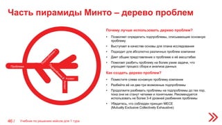 Часть пирамиды Минто – дерево проблем
Учебник по решению кейсов для 1 тура46 /
Как создать дерево проблем?
• Поместите слева основную проблему компании
• Разбейте её на две-три возможные подпроблемы
• Продолжите разбивать проблемы на подпроблемы до тех пор,
пока они не станут четкими и понятными. Рекомендуется
использовать не более 3-4 уровней разбиения проблемы
• Убедитесь, что соблюден принцип MECE
(Mutually Exclusive Collectively Exhaustive)
Почему лучше использовать дерево проблем?
• Позволяет определить подпроблемы, описывающие основную
проблему
• Выступает в качестве основы для плана исследования
• Подходит для абсолютно различных проблем компании
• Дает общее представление о проблеме и её масштабах
• Помогает разбить проблему на более узкие задачи, что
упрощает процесс сбора и анализа данных
Аспект
Аспект
Проблема
 