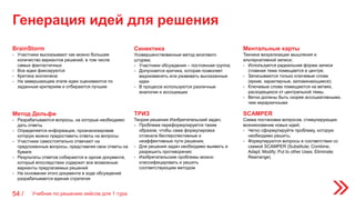 Генерация идей для решения
Учебник по решению кейсов для 1 тура54 /
BrainStorm
- Участники высказывают как можно большее
количество вариантов решений, в том числе
самых фантастичных
- Все идеи фиксируются
- Критика исключена
- На завершающем этапе идеи оцениваются по
заданным критериям и отбираются лучшие
Метод Дельфи
- Разрабатываются вопросы, на которые необходимо
дать ответы
- Определяется информация, проанализировав
которую можно предоставить ответы на вопросы
- Участники самостоятельно отвечают на
предложенные вопросы, представляя свои ответы на
бумаге
- Результаты ответов собираются в одном документе,
который впоследствии содержит все возможные
варианты предлагаемых решений
- На основании этого документа в ходе обсуждений
разрабатывается единая стратегия
Синектика
Усовершенствованные метод мозгового
штурма;
- Участники обсуждения – постоянная группа;
- Допускается критика, которая позволяет
видоизменять или развивать высказанные
идеи
- В процессе используются различные
аналогии и ассоциации
ТРИЗ
Теория решения Изобретательский задач;
- Проблема переформулируется таким
образом, чтобы сама формулировка
отсекала бесперспективные и
неэффективные пути решения;
- Для решения задач необходимо выявить и
разрешить противоречия;
- Изобретательские проблемы можно
классифицировать и решить
соответствующим методом
Ментальные карты
Техника визуализации мышления и
альтернативной записи;
- Используется радиальная форма записи
(главная тема помещается в центре;
- Записываются только ключевые слова
(яркие, характерные, запоминающиеся);
- Ключевые слова помещаются на ветвях,
расходящихся от центральной темы.
- Ветки должны быть скорее ассоциативными,
чем иерархичными
SCAMPER
Схема постановки вопросов, стимулирующих
возникновение новых идей;
- Четко сформулируйте проблему, которую
необходимо решить;
- Формулируются вопросы в соответствии со
схемой SCAMPER (Substitute; Combine;
Adapt; Modify; Put to other Uses; Eliminate;
Rearrange)
 