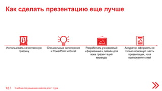 Как сделать презентацию еще лучше
72 /
Использовать качественную
графику
Аккуратно оформить не
только основную часть
презентации, но и
приложения к ней
Специальные дополнения
к PowerPoint и Excel
Разработать узнаваемый
«фирменный» дизайн для
всех презентаций
команды
Учебник по решению кейсов для 1 тура
 