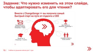 Задание: Что нужно изменить на этом слайде,
чтобы адаптировать его для чтения?
76 / Учебник по решению кейсов для 1 тура
 