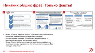 1 2 3
• На 1 и 3 слайде имеются выводы и решения, неподкрепленные
расчетами. Обязательно подтверждайте решение
просчитанными данными и переносите важные цифры из
приложений в главную часть презентации!
• Слайд 2 является примером удачно предложенного решения:
текстовые выводы подкреплены расчетными материалами. Все
наглядно и понятно!
Никаких общих фраз. Только факты!
Учебник по решению кейсов для 1 тура85 /
 