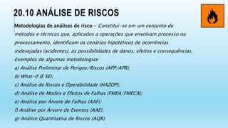 20.10 ANÁLISE DE RISCOS
Metodologias de análises de risco - Constitui-se em um conjunto de
métodos e técnicas que, aplicados a operações que envolvam processo ou
processamento, identificam os cenários hipotéticos de ocorrências
indesejadas (acidentes), as possibilidades de danos, efeitos e consequências.
Exemplos de algumas metodologias:
a) Análise Preliminar de Perigos/Riscos (APP/APR);
b) What-if (E SE);
c) Análise de Riscos e Operabilidade (HAZOP);
d) Análise de Modos e Efeitos de Falhas (FMEA/FMECA);
e) Análise por Árvore de Falhas (AAF);
f) Análise por Árvore de Eventos (AAE);
g) Análise Quantitativa de Riscos (AQR).
 