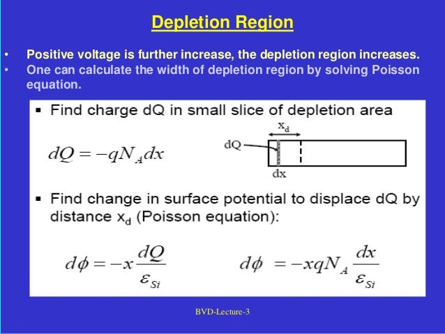BVD-Lecture-3
Depletion Region
• Positive voltage is further increase, the depletion region increases.
• One can calculate the width of depletion region by solving Poisson
equation.
 