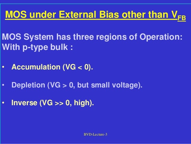 BVD-Lecture-3
MOS under External Bias other than VFB
MOS System has three regions of Operation:
With p-type bulk :
• Accumulation (VG < 0).
• Depletion (VG > 0, but small voltage).
• Inverse (VG >> 0, high).
 