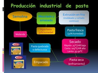 Producción industrial de pasta
Semolina Mezclado y
amasado
Pasta fresca
(31% humedad)
Pasta seca
(enfriamiento)
Empacado
Pasta quebrada
o defectuosa
Molienda
Extrusión en frio
(moldeado y cortado
continuo)
Secado
Rápido: 75°C/HR baja
Corto: 105°C/HR alta
Lento: 35-50°C
Agua hasta
31% humedad
 