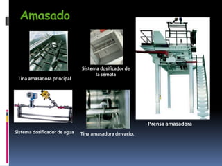 Amasado
Tina amasadora principal
Sistema dosificador de
la sémola
Tina amasadora de vacío.
Prensa amasadora
Sistema dosificador de agua
 