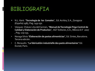 BIBLIOGRAFIA
 N.L. Kent. “Tecnología de los Cereales”, Ed. Acribia, S.A., Zaragoza
(España) 1987, Pag. 149-150.
• Vázquez Chávez Lilia del Carmen, “Manual deTecnologíaTrigo Control de
Calidad y Elaboración de Productos”, AGT Editores ,S.A., México D.F 2007
, Pag. 129-135.
• Noraga Silvio “Elaboración de pastas alimenticias”, Ed. Sintes, Barcelona.
Tercera edición.
• C. Renaudin. “La fabricatión industrielle des paste alimentaires” Ed.
Dunod, Paris.
 