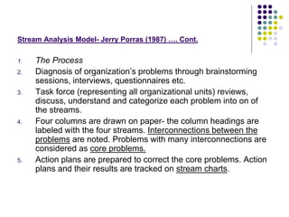 Stream Analysis Model- Jerry Porras (1987) …. Cont.
1. The Process
2. Diagnosis of organization’s problems through brainstorming
sessions, interviews, questionnaires etc.
3. Task force (representing all organizational units) reviews,
discuss, understand and categorize each problem into on of
the streams.
4. Four columns are drawn on paper- the column headings are
labeled with the four streams. Interconnections between the
problems are noted. Problems with many interconnections are
considered as core problems.
5. Action plans are prepared to correct the core problems. Action
plans and their results are tracked on stream charts.
 