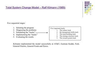 Five sequential stages:
1. Initiating the program
2. Diagnosing the problems
3. Scheduling the “tracks”
4. Implementing the “tracks”
5. Evaluating the results
Kilmann implemented the model successfully at AT&T, Eastman Kodak, Ford,
General Electric, General Foods and Xerox.
Five important tracks
1. The culture track
2. the management skills track
3. The team-building track
4. The strategy-structure track
5. The reward system track
Total System Change Model – Ralf Kilmann (1989)
 