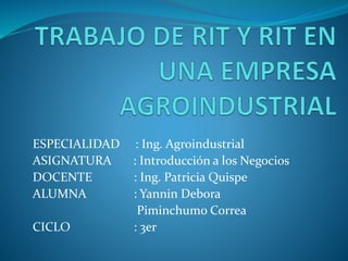 ESPECIALIDAD : Ing. Agroindustrial
ASIGNATURA : Introducción a los Negocios
DOCENTE : Ing. Patricia Quispe
ALUMNA : Yannin Debora
Piminchumo Correa
CICLO : 3er
 