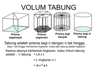 Tabung adalah prisma segi n dengan n tak hingga.
Segi n tak hingga membentuk lingkaran, maka alas tabung adalah lingkaran
Karena alasnya berbentuk lingkaran, maka Volum tabung
adalah : V tabung = LA x t
= L lingkaran x t
= π r 2 x t
VOLUM TABUNG
Prisma
segiempat
Prisma
segienam
Prisma segi
banyak
Prisma segi n/
tabung
 
