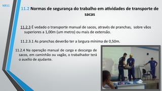 11.2.3 É vedado o transporte manual de sacos, através de pranchas, sobre vãos
superiores a 1,00m (um metro) ou mais de extensão.
11.2.3.1 As pranchas deverão ter a largura mínima de 0,50m.
11.2 Normas de segurança do trabalho em atividades de transporte de
sacas
11.2.4 Na operação manual de carga e descarga de
sacos, em caminhão ou vagão, o trabalhador terá
o auxílio de ajudante.
NR11
 