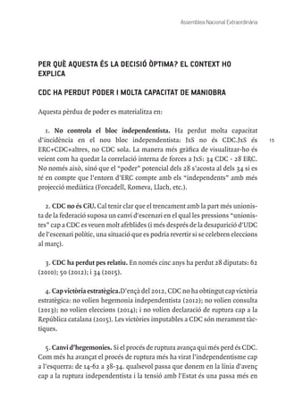 15
Assemblea Nacional Extraordinària
PER QUÈ AQUESTA ÉS LA DECISIÓ ÒPTIMA? EL CONTEXT HO
EXPLICA
CDC HA PERDUT PODER I MOLTA CAPACITAT DE MANIOBRA
Aquesta pèrdua de poder es materialitza en:
1. No controla el bloc independentista. Ha perdut molta capacitat
d’incidència en el nou bloc independentista: JxS no és CDC.JxS és
ERC+CDC+altres, no CDC sola. La manera més gràfica de visualitzar-ho és
veient com ha quedat la correlació interna de forces a JxS: 34 CDC - 28 ERC.
No només això, sinó que el “poder” potencial dels 28 s’acosta al dels 34 si es
té en compte que l’entorn d’ERC compte amb els “independents” amb més
projecció mediàtica (Forcadell, Romeva, Llach, etc.).
2. CDC no és CiU. Cal tenir clar que el trencament amb la part més unionis-
ta de la federació suposa un canvi d'escenari en el qual les pressions “unionis-
tes” cap a CDC es veuen molt afeblides (i més després de la desaparició d'UDC
de l'escenari polític, una situació que es podria revertir si se celebren eleccions
al març).
3. CDC ha perdut pes relatiu. En només cinc anys ha perdut 28 diputats: 62
(2010); 50 (2012); i 34 (2015).
4. Cap victòria estratègica.D’ençà del 2012, CDC no ha obtingut cap victòria
estratègica: no volien hegemonia independentista (2012); no volien consulta
(2013); no volien eleccions (2014); i no volien declaració de ruptura cap a la
República catalana (2015). Les victòries imputables a CDC són merament tàc-
tiques.
5. Canvi d’hegemonies. Si el procés de ruptura avança qui més perd és CDC.
Com més ha avançat el procés de ruptura més ha virat l’independentisme cap
a l’esquerra: de 14-62 a 38-34. qualsevol passa que donem en la línia d'avenç
cap a la ruptura independentista i la tensió amb l'Estat és una passa més en
 