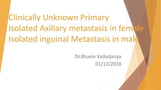 Clinically Unknown Primary
Isolated Axillary metastasis in female
Isolated inguinal Metastasis in male
Dr.Bhavin Vadodariya
01/12/2018
 
