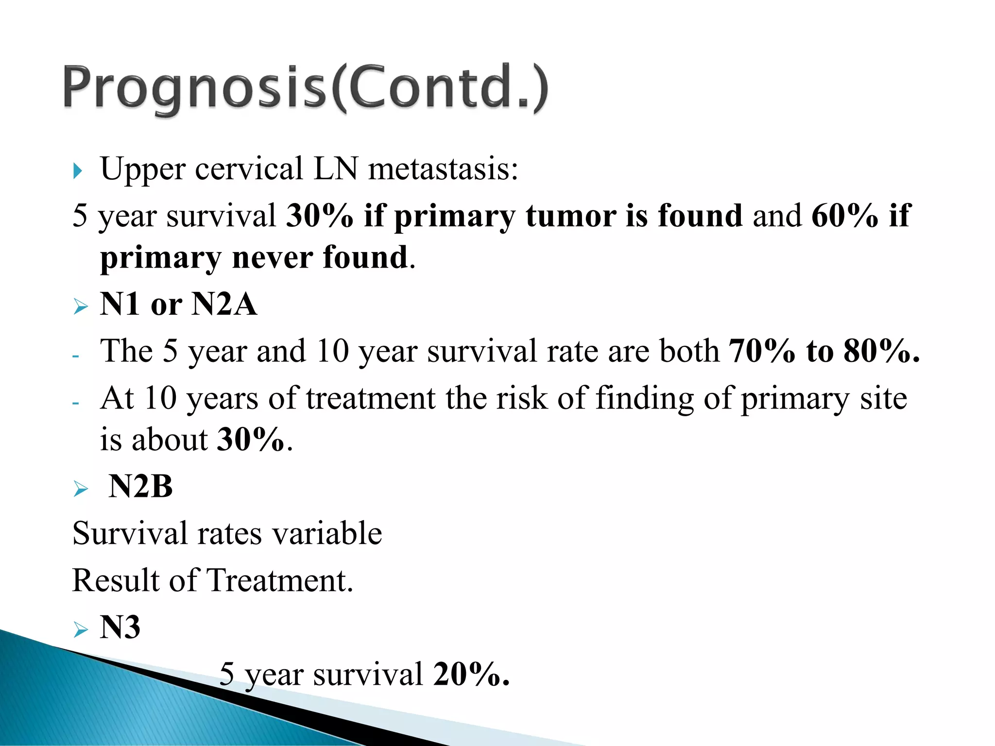  Upper cervical LN metastasis:
5 year survival 30% if primary tumor is found and 60% if
primary never found.
➢ N1 or N2A
- The 5 year and 10 year survival rate are both 70% to 80%.
- At 10 years of treatment the risk of finding of primary site
is about 30%.
➢ N2B
Survival rates variable
Result of Treatment.
➢ N3
5 year survival 20%.
 