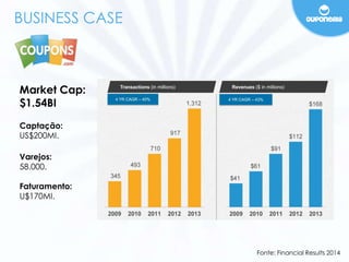 BUSINESS CASE 
Fonte: Financial Results 2014 
Market Cap: 
$1.54BI 
Captação: 
US$200MI. 
Varejos: 
58.000. 
Faturamento: 
U$170MI. 
 