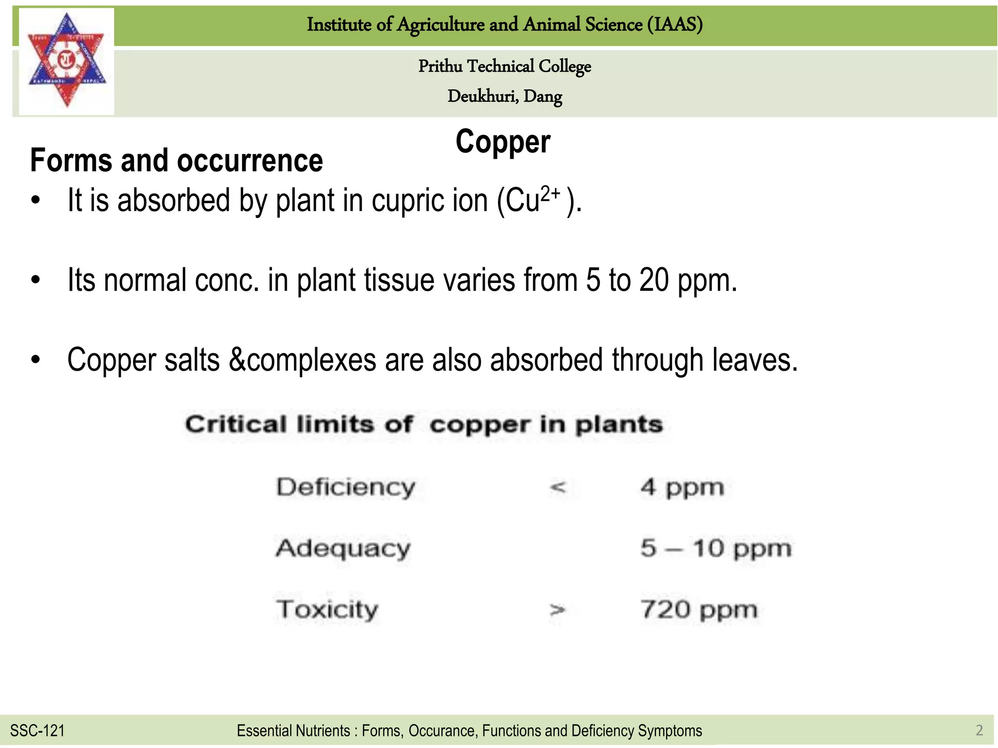 Functions and deficiency symptoms of copper and chlorine in plants PPT