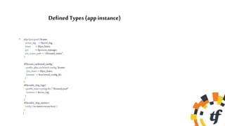 • php::fpm::pool{ $name:
access_log => $acces_log,
listen => $fpm_listen,
pm =>$process_manager,
pm_status_path=>"/${name}_status",
}
if $create_cachetool_config{
::profile_php::cachetool::config{ $name:
fpm_listen=>$fpm_listen,
location =>$cachetool_config_dir,
}
}
if $enable_ship_logs{
::profile_base::rsyslog::file{ "${name}-pool":
location=>$acces_log,
}
}
if $enable_ship_metrics{
notify{ 'nometricstoseehere':}
}
}
Defined Types (app instance)
 