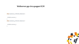 Webserver.pp circapuppet 0.24
class customer_x inherits webserver {
includecustomer_x
}
class customer_y inherits webserver {
includecustomer_y
}
 