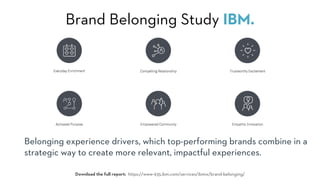 Brand Belonging Study IBM.
Belonging experience drivers, which top-performing brands combine in a
strategic way to create more relevant, impactful experiences.
Download the full report: https://www-935.ibm.com/services/ibmix/brand-belonging/
 