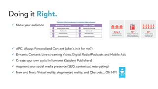 Doing it Right.
ü Know your audience
ü APC: Always Personalized Content (what’s in it for me?)
ü Dynamic Content: Live-streaming Video, Digital Radio/Podcasts and Mobile Ads
ü Create your own social influencers (Student Publishers)
ü Augment your social media presence (SEO, contextual, retargeting)
ü New and Next: Virtual reality, Augmented reality, and Chatbots… OH MY!
 