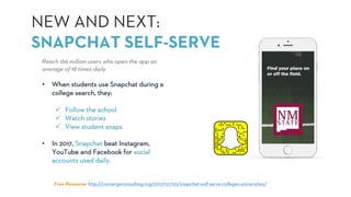 Reach 166 million users who open the app an
average of 18 times daily
• When students use Snapchat during a
college search, they:
ü Follow the school
ü Watch stories
ü View student snaps
• In 2017, Snapchat beat Instagram,
YouTube and Facebook for social
accounts used daily.
Free Resource: http://convergeconsulting.org/2017/07/20/snapchat-self-serve-colleges-universities/
NEW AND NEXT:
SNAPCHAT SELF-SERVE
 