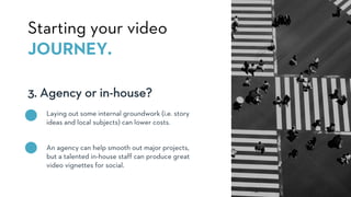 3. Agency or in-house?
Starting your video
JOURNEY.
Laying out some internal groundwork (i.e. story
ideas and local subjects) can lower costs.
An agency can help smooth out major projects,
but a talented in-house staff can produce great
video vignettes for social.
 