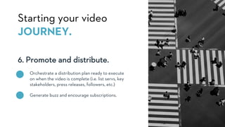 6. Promote and distribute.
Starting your video
JOURNEY.
Orchestrate a distribution plan ready to execute
on when the video is complete (i.e. list servs, key
stakeholders, press releases, followers, etc.)
Generate buzz and encourage subscriptions.
 