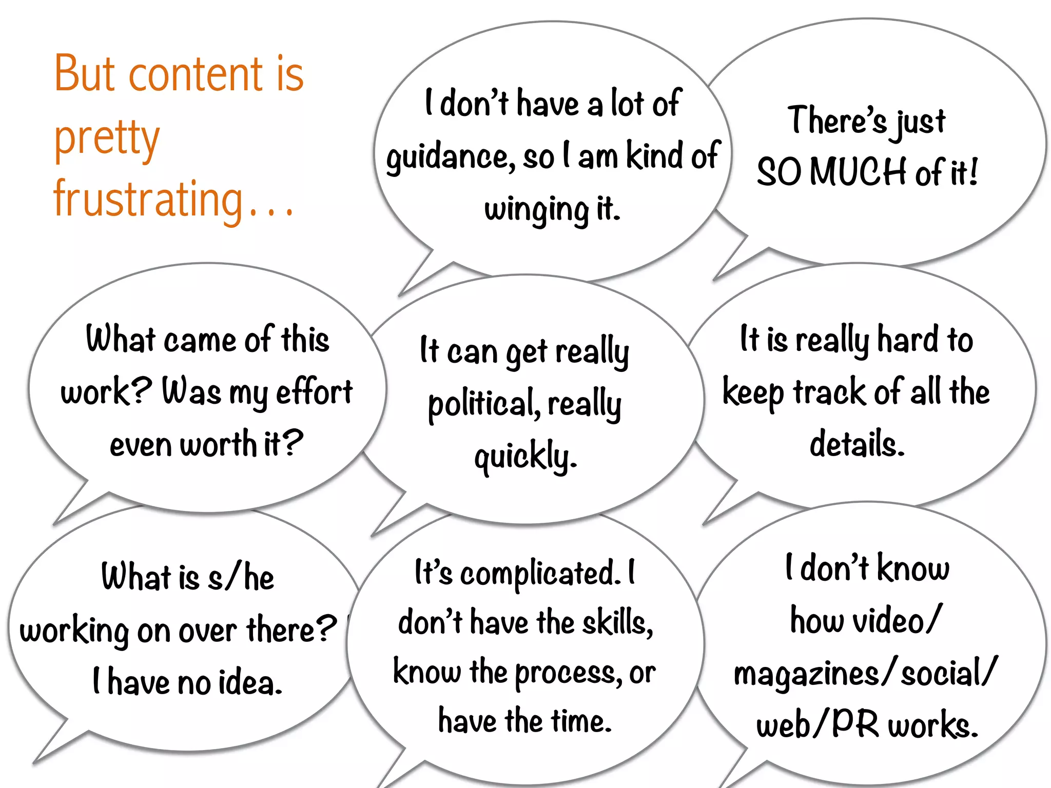 But content is
pretty
frustrating…
There’s just
SO MUCH of it!
It is really hard to
keep track of all the
details.
What is s/he
working on over there? I
I have no idea.
I don’t know
how video/
magazines/social/
web/PR works.
It’s complicated. I
don’t have the skills,
know the process, or
have the time.
I don’t have a lot of
guidance, so I am kind of
winging it.
It can get really
political, really
quickly.
What came of this
work? Was my effort
even worth it?
 