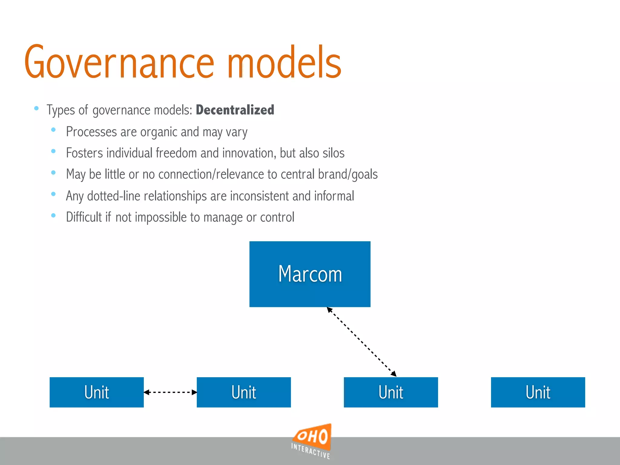 • Types of governance models: Decentralized
• Processes are organic and may vary
• Fosters individual freedom and innovation, but also silos
• May be little or no connection/relevance to central brand/goals
• Any dotted-line relationships are inconsistent and informal
• Difficult if not impossible to manage or control
Marcom
Unit Unit Unit Unit
Governance models
 