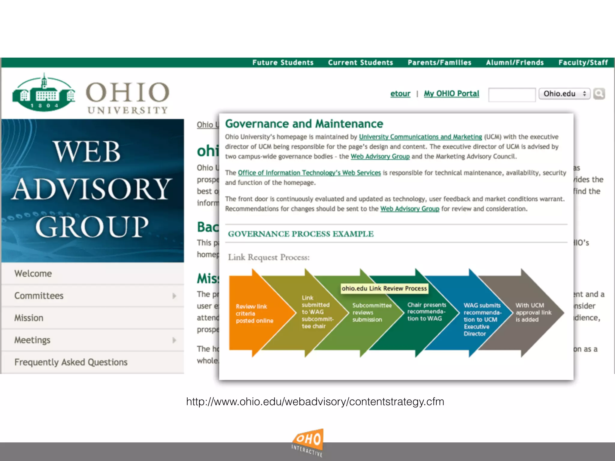 EXAMPLES OF OTHER
SCHOOLS
http://www.ohio.edu/webadvisory/contentstrategy.cfm
 