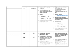 TP4 Strategi M2P
3. Murid menulis formula dan
menghafal.
4. 4 contoh soalan diberi dan
kaedah penyelesaian dilakukan
secara ansur maju:
5. Contoh:
 3cm 4mm = ___mm
 495mm = ___cm___mm
6. Murid menyelesaikan menikut
kaedah bentuk lazim.
2. Objek didalam rumah dibuat
bandingbeza.bagi
mengenalpasti unit panjang
Contoh: pintu,
meja,buku,pemadam dan lain-
lain.
3. Merujuk video ini:
https://youtu.be/rgWLIxtqI1s
4. 4 contoh soalan diberi dan
kaedah penyelesaian dilakukan
secara ansur maju.
5. Contoh soalan
 km 10m = ___m
 1500m = ___km___m
6. Murid menyelesaikan menikut
kaedah bentuk lazim.
TP5 SELF 1. Murid bermain permainan
Mencari Harta Karun.
2. Murid menyebut, mencari dan
mengukur 3 contoh bagi setiap
unit iaitu mm,cm,m dan km.
(Wakil murid)
3. Murid menyebut formula
dihadapan murid yang lain serta
menulis pada papan putih.
1. Murid menyebut, mencari dan
mengukur 3 contoh bagi setiap
unit iaitu mm,cm,m dan km.
(Wakil murid)
2. Objek didalam rumah dibuat
bandingbeza.bagi
mengenalpasti unit panjang
Contoh: pintu,
meja,buku,pemadam dan lain-
lain.
TP6 SELF
 