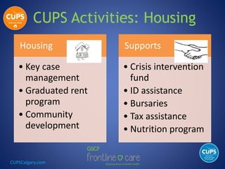 CUPSCalgary.com
CUPS Activities: Housing
Housing
• Key case
management
• Graduated rent
program
• Community
development
Supports
• Crisis intervention
fund
• ID assistance
• Bursaries
• Tax assistance
• Nutrition program
 