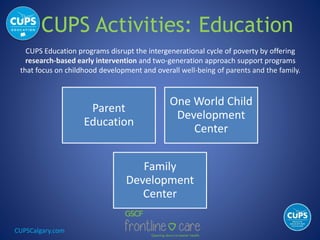CUPSCalgary.com
CUPS Activities: Education
Parent
Education
One World Child
Development
Center
Family
Development
Center
CUPS Education programs disrupt the intergenerational cycle of poverty by offering
research-based early intervention and two-generation approach support programs
that focus on childhood development and overall well-being of parents and the family.
 