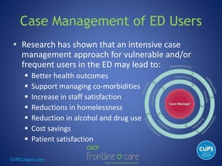 CUPSCalgary.com
Case Management of ED Users
• Research has shown that an intensive case
management approach for vulnerable and/or
frequent users in the ED may lead to:
 Better health outcomes
 Support managing co-morbidities
 Increase in staff satisfaction
 Reductions in homelessness
 Reduction in alcohol and drug use
 Cost savings
 Patient satisfaction
 
