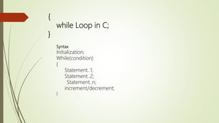 {
while Loop in C;
}
Syntax
Initialization;
While(condition)
{
Statement..1;
Statement..2;
Statement..n;
increment/decrement;
}
 
