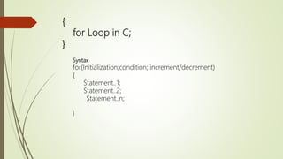 {
for Loop in C;
}
Syntax
for(Initialization;condition; increment/decrement)
{
Statement..1;
Statement..2;
Statement..n;
}
 