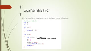 {
Local Variable in C;
}
A local variable is a variable that is declared inside a function.
 