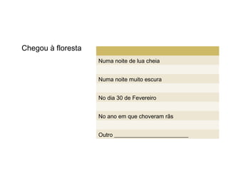Chegou à floresta
                    Numa noite de lua cheia


                    Numa noite muito escura


                    No dia 30 de Fevereiro


                    No ano em que choveram rãs


                    Outro __________________________
 