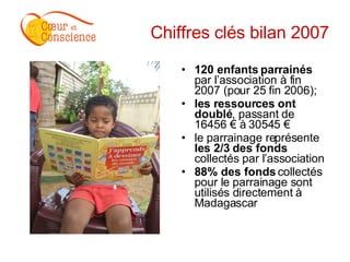 Chiffres clés bilan 2007 120 enfants parrainés  par l’association à fin 2007 (pour 25 fin 2006); les ressources ont doublé , passant de 16456 € à 30545 € le parrainage représente  les 2/3 des fonds  collectés par l’association 88% des fonds  collectés pour le parrainage sont utilisés directement à Madagascar 
