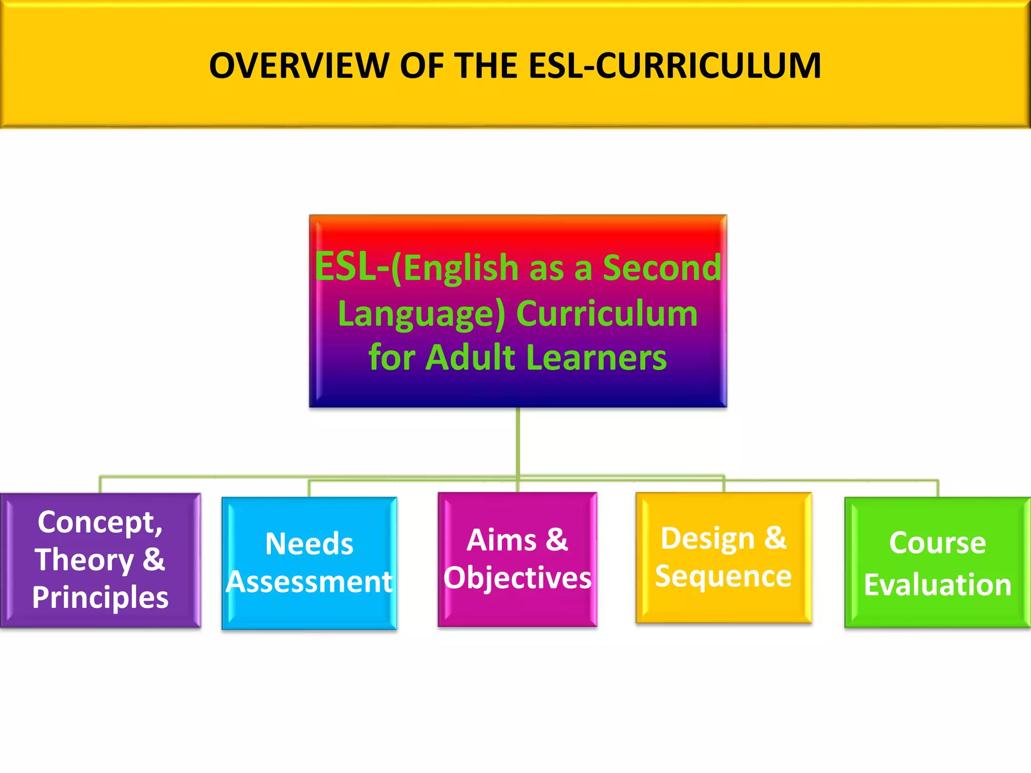 OVERVIEW OF THE ESL-CURRICULUM
ESL-(English as a Second
Language) Curriculum
for Adult Learners
Concept,
Theory &
Principles
Needs
Assessment
Aims &
Objectives
Design &
Sequence
Course
Evaluation
 