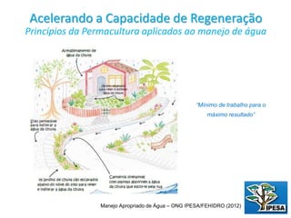 Acelerando a Capacidade de Regeneração
Princípios da Permacultura aplicados ao manejo de água
“Mínimo de trabalho para o
máximo resultado”
Manejo Apropriado de Água – ONG IPESA/FEHIDRO (2012)
 