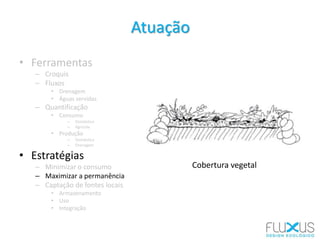 • Ferramentas
– Croquis
– Fluxos
• Drenagem
• Águas servidas
– Quantificação
• Consumo
– Doméstico
– Agrícola
• Produção
– Doméstica
– Drenagem
• Estratégias
– Minimizar o consumo
– Maximizar a permanência
– Captação de fontes locais
• Armazenamento
• Uso
• Integração
Atuação
Cobertura vegetal
 