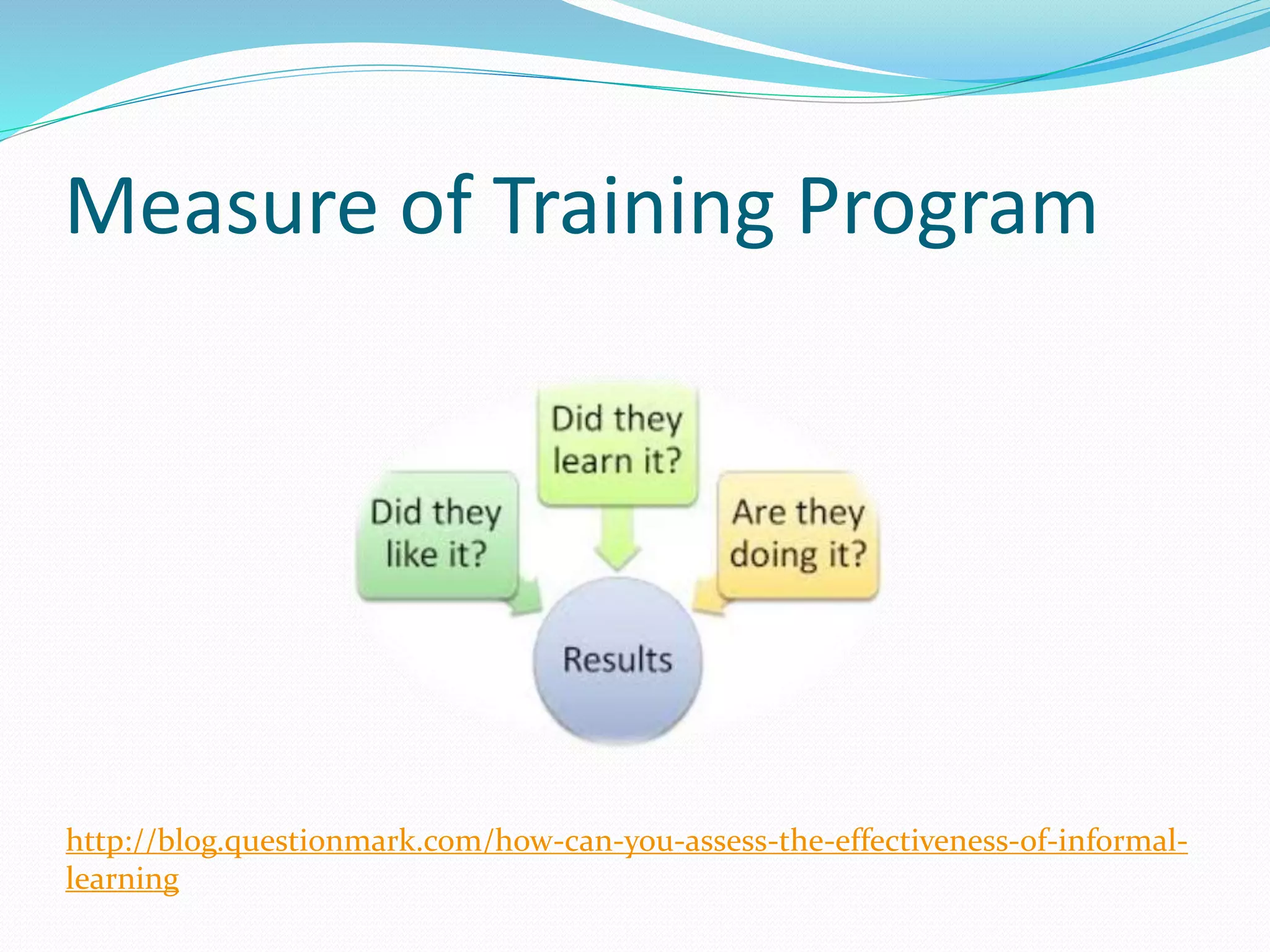 Measure of Training Program
http://blog.questionmark.com/how-can-you-assess-the-effectiveness-of-informal-
learning
 