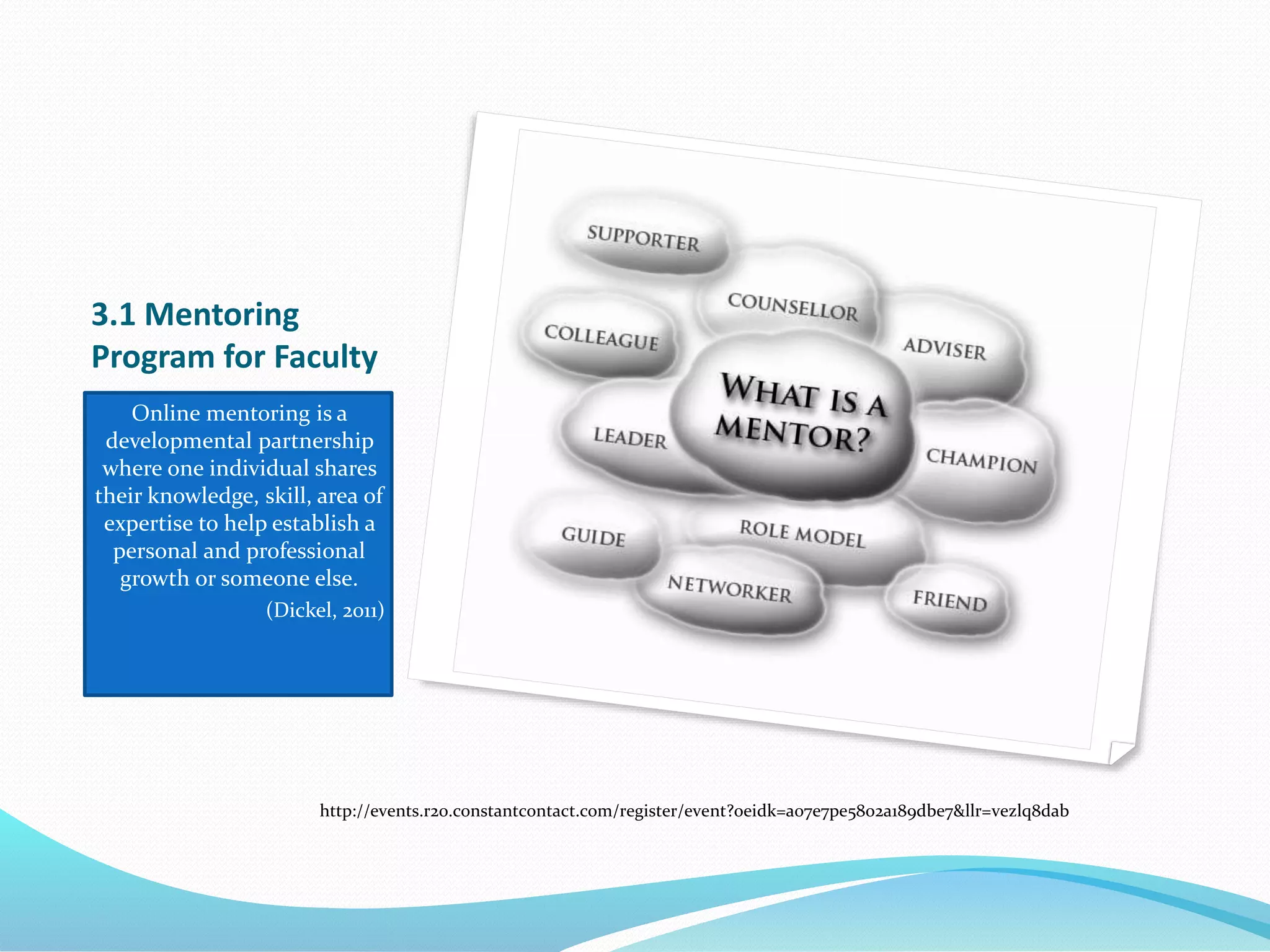 3.1 Mentoring
Program for Faculty
Online mentoring is a
developmental partnership
where one individual shares
their knowledge, skill, area of
expertise to help establish a
personal and professional
growth or someone else.
(Dickel, 2011)
http://events.r20.constantcontact.com/register/event?oeidk=a07e7pe58o2a189dbe7&llr=vezlq8dab
 
