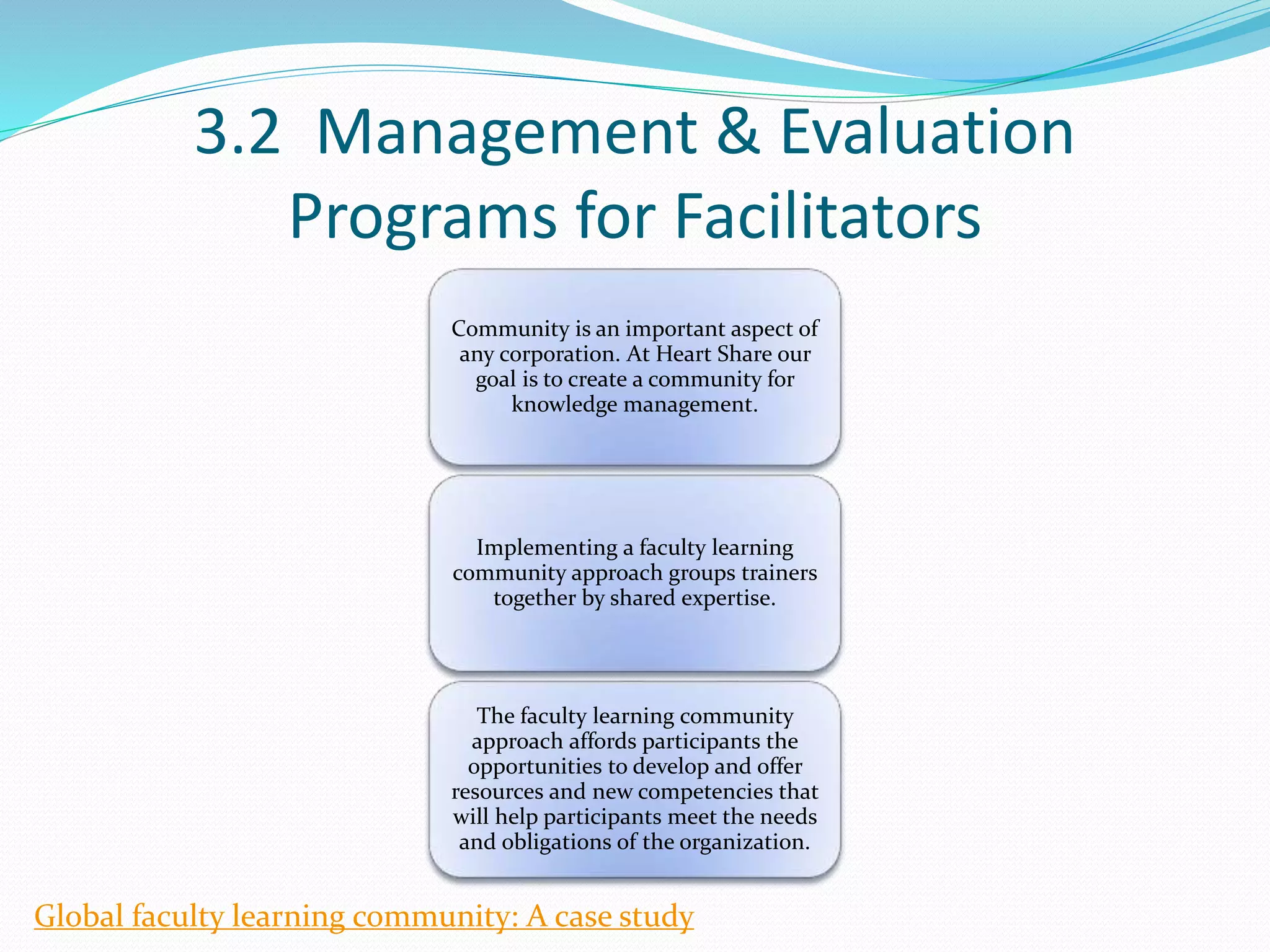 3.2 Management & Evaluation
Programs for Facilitators
Community is an important aspect of
any corporation. At Heart Share our
goal is to create a community for
knowledge management.
Implementing a faculty learning
community approach groups trainers
together by shared expertise.
The faculty learning community
approach affords participants the
opportunities to develop and offer
resources and new competencies that
will help participants meet the needs
and obligations of the organization.
Global faculty learning community: A case study
 