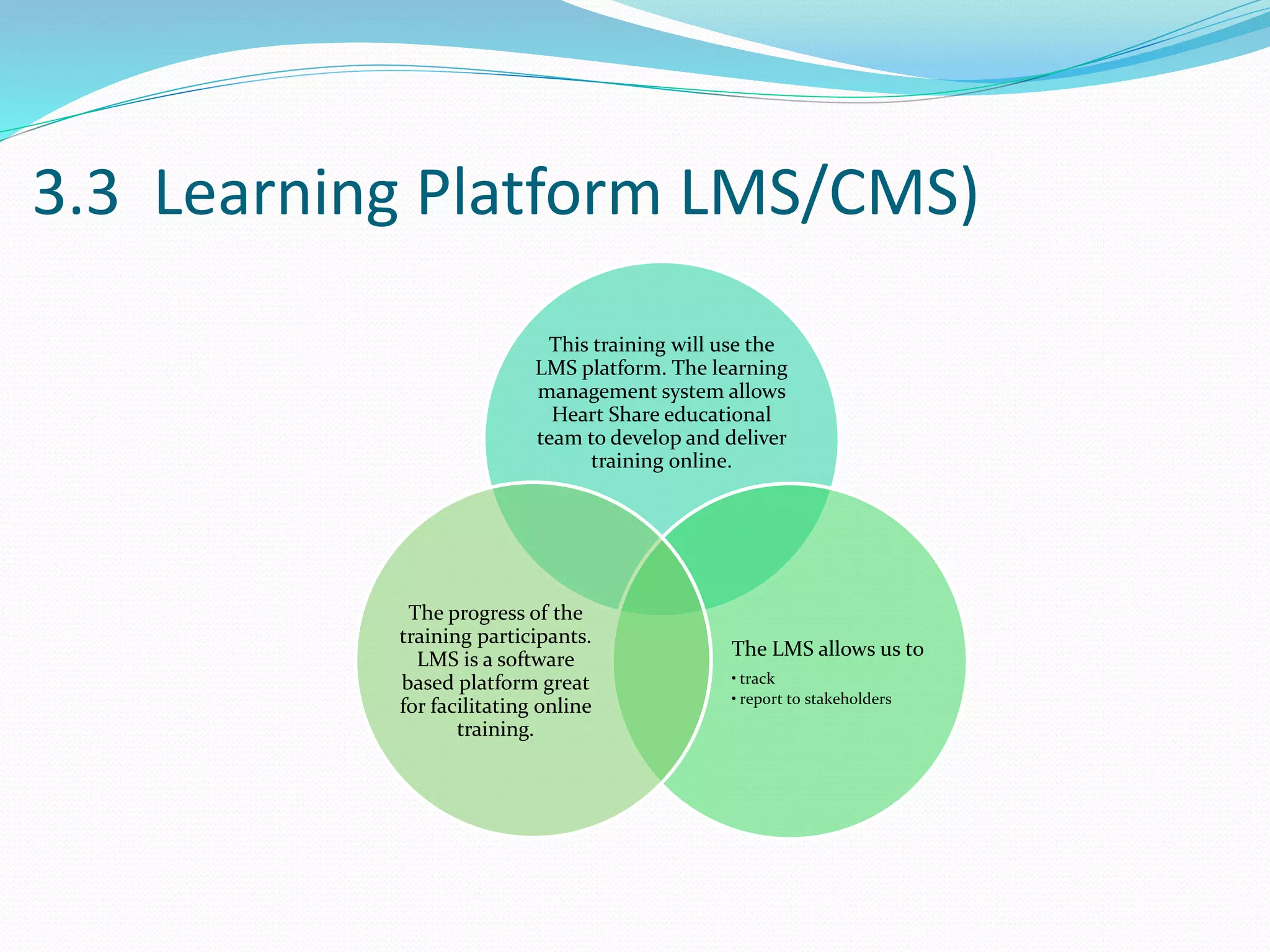 3.3 Learning Platform LMS/CMS)
This training will use the
LMS platform. The learning
management system allows
Heart Share educational
team to develop and deliver
training online.
The LMS allows us to
• track
• report to stakeholders
The progress of the
training participants.
LMS is a software
based platform great
for facilitating online
training.
 
